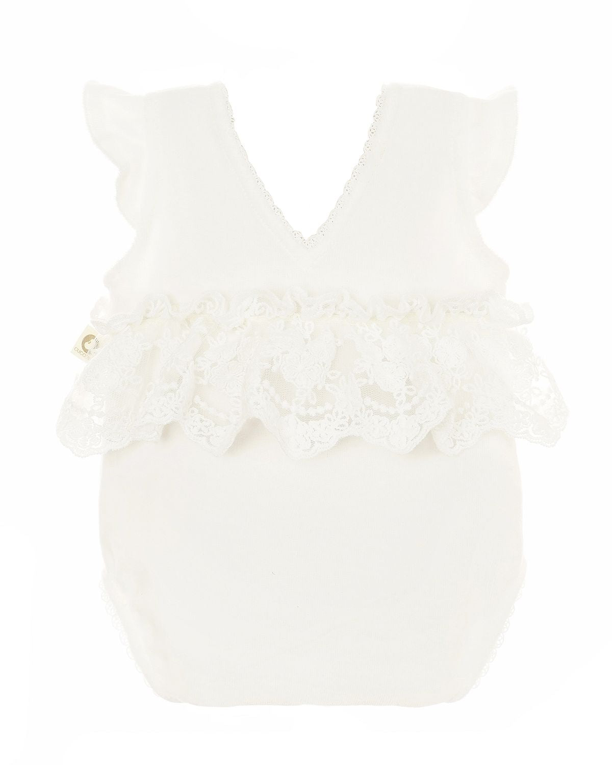 Festlicher CUCOONU Babybody aus Samt in Offwhite mit kleinen Flügelärmeln und V-Ausschnitt im Rücken, Rückenansicht