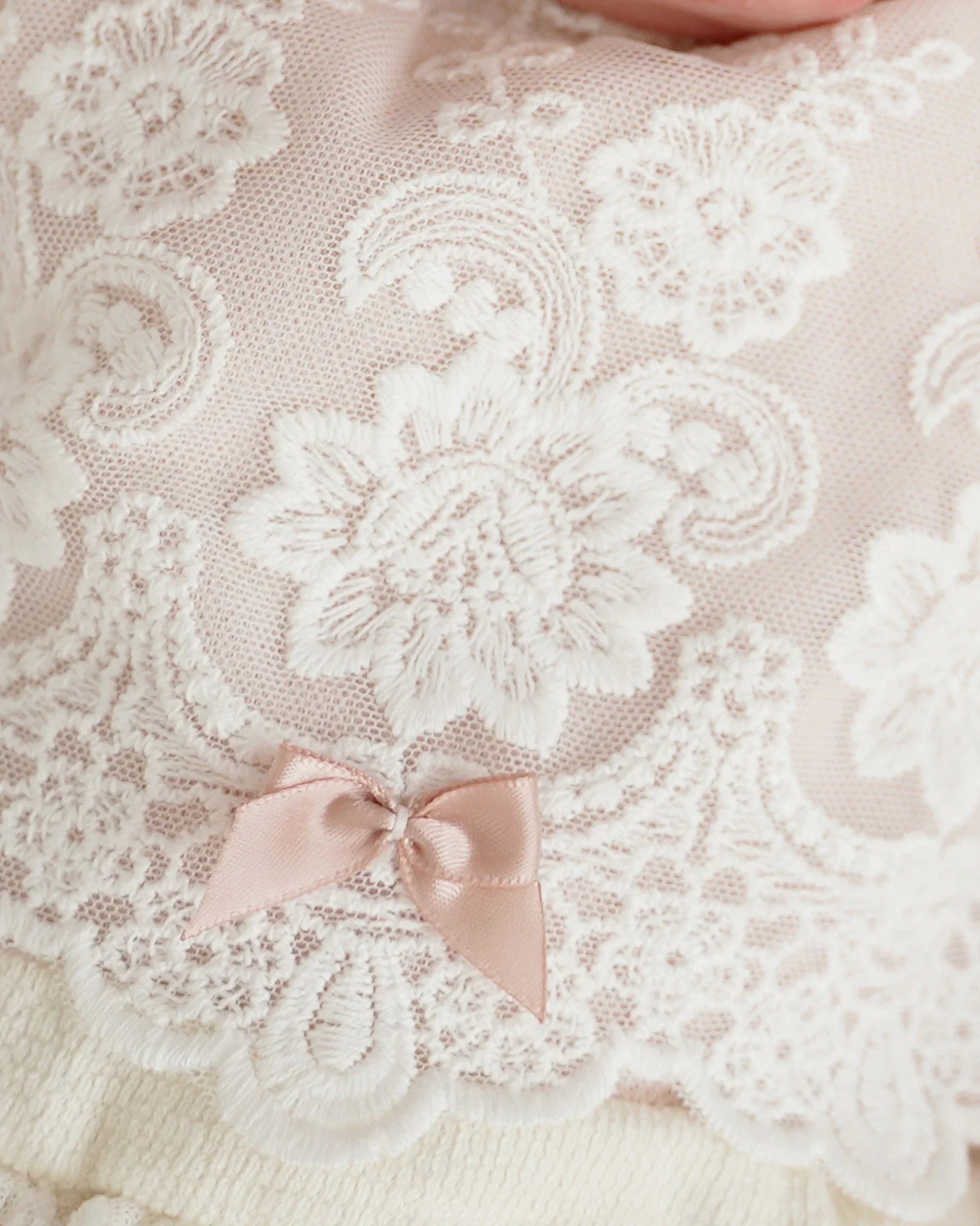 Wunderschöne Baumwollstickerei-Spitze in Offwhite, Nahaufnahme für festlichen Babybody.