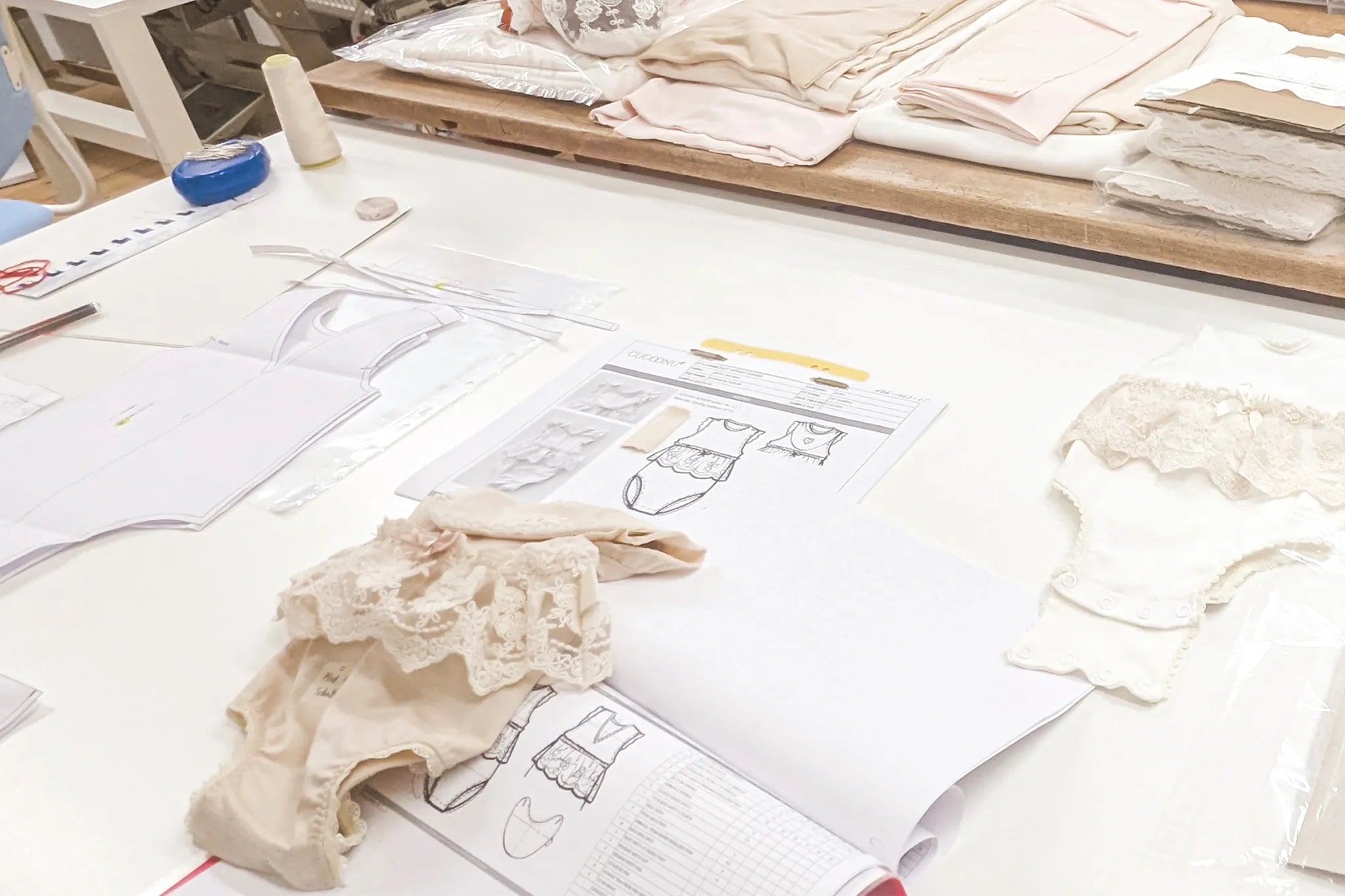 Arbeitstisch der Babymode-Produktion mit Stoffen, Schnittmustern, Musterteilen und Unterlagen.