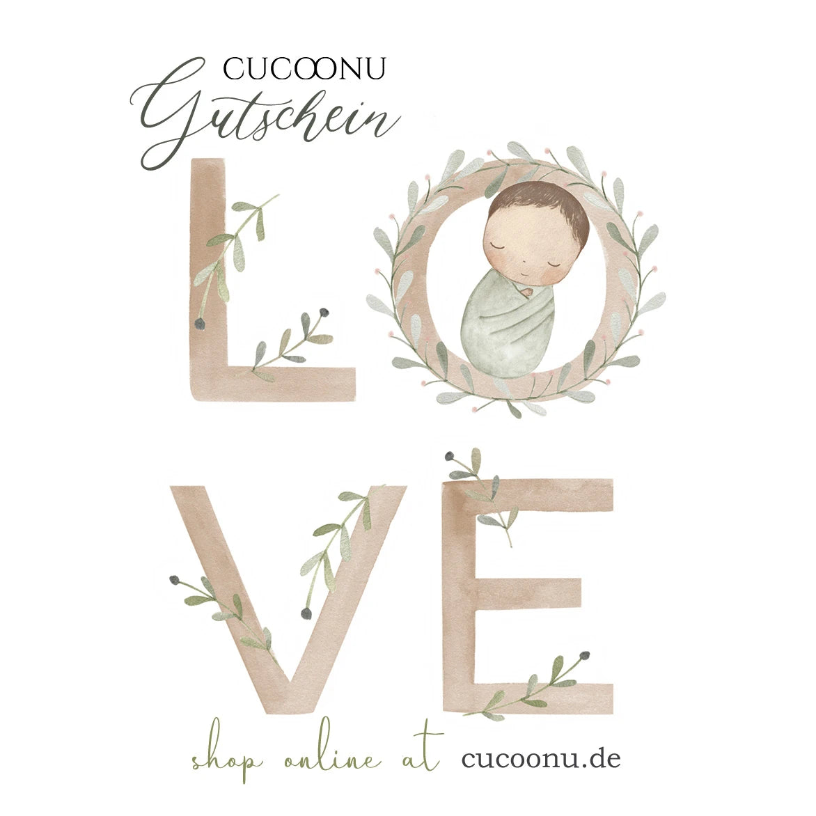 CUCOONU Gutschein: LOVE-Aufschrift mit niedlichem Baby im Buchstaben.