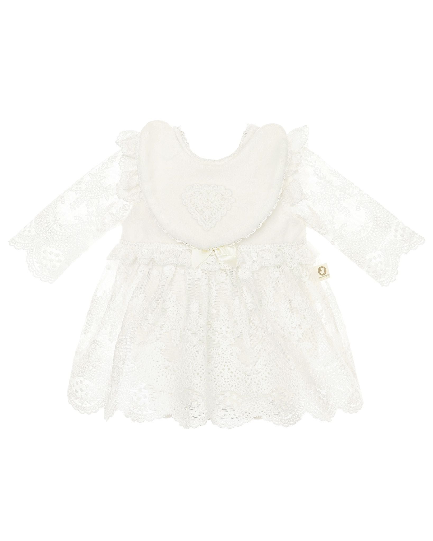 Festliches CUCOONU Babykleid in Offwhite aus Nickisamt mit Spitze und Lätzchen mit Herzapplikation, Vorderansicht
